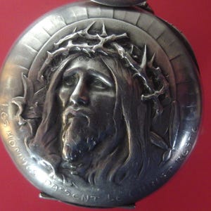 4292 Original rare religious pocket watch in sterling silver, JesusChrist Christ, extremely unusual timepiece, circa 1880