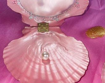 Girls mermaid shell pink compact mirror trinket box jewellery dish, clam shell underwater unique girls gifts