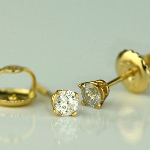 14K Solid Gold Seriously Tiny Diamond Stud Earrings Round - Etsy