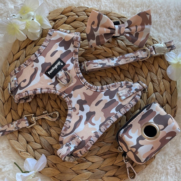 Camo / Camouflage Dog Harness, Collar, Lead, Poo Bag and Bow Set - Bundle
