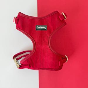 Ruby Red Corduroy Dog Harness: Adjustable Fit, Silver Hardware