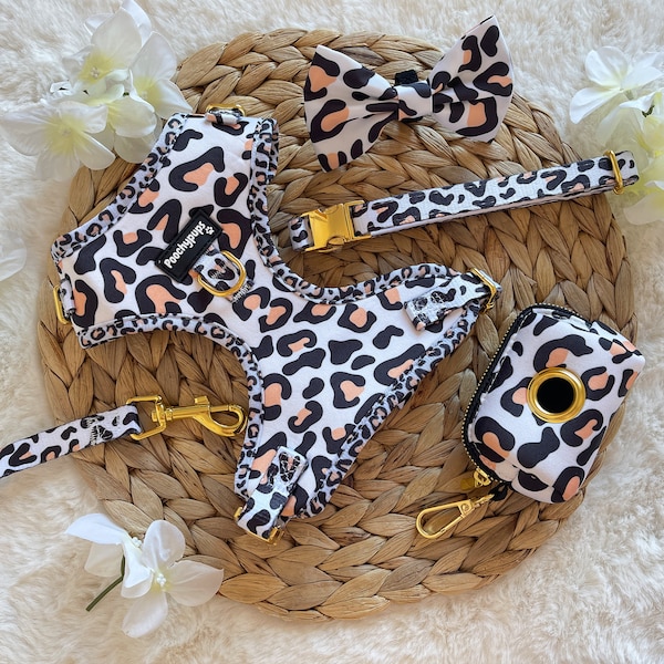 Leopard Print Dog Harness, Collar, Lead, Poo Bag and Bow Set - Bundle