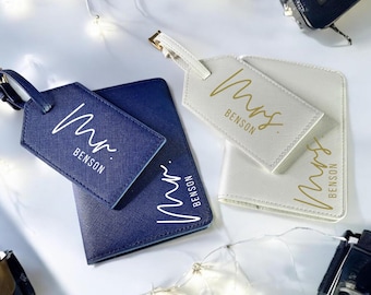 Mr and Mrs Luggage Tag Passport Holder Personalized His & Hers Couple Set