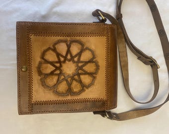 Hand-Tooled Geometric Leather Messenger Bag, Brown Artisan Crossbody Purse