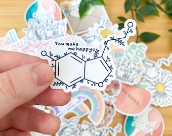 Autocollant floral en vinyle de molécule de sérotonine « tu me rends heureux » | Autocollant imperméable à l’eau sur la santé mentale