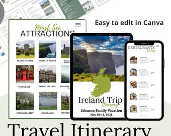 Op de afbeelding: Digitaal reisroute sjabloon voor een reis naar Ierland, weergegeven op een tablet en smartphone. De tablet toont een kaart van Ierland en reisdetails. De smartphone toont restaurantsuggesties. De sjabloon bevat 34 pagina's en is gemakkelijk te bewerken.