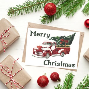 Biglietto d'auguri di buone feste, camion vintage acquerello, stampabile, download istantaneo, biglietto di auguri stampabile 5x7, regalo del vicino, biglietto per papà