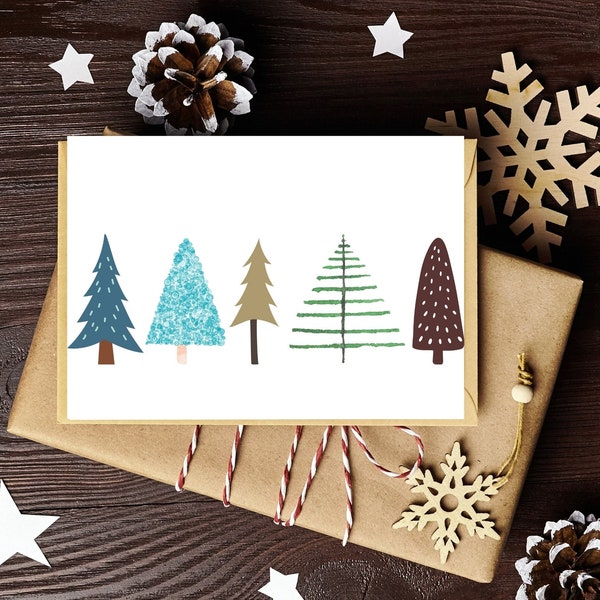 Christmas Greeting Card, Cute Pine trees Printable card, Instant download, 5x7 printable holiday card, Hanukkah, Neighbor Gift, Winterscape