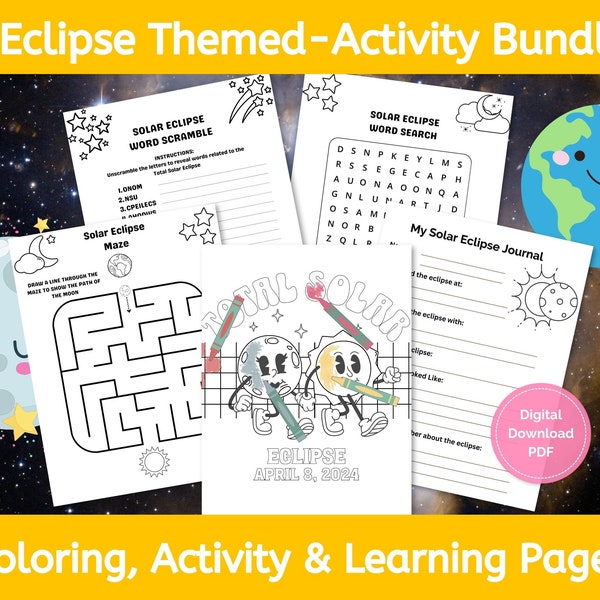Total Solar Eclipse 2024, Eclipse Party Activities for kids, April 8 2024 Eclipse Coloring Page, Solar Eclipse 2024 Placemat Activity Sheet