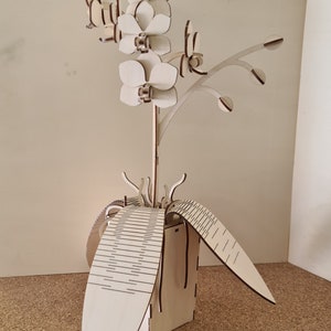 Peut inclure: Une sculpture de fleur d'orchid&eacute;e en bois blanc avec un design d&eacute;taill&eacute;. La fleur est dans un pot en bois avec des feuilles.