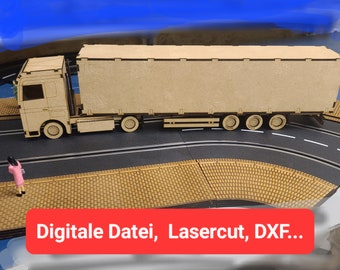 Truck with trailer for racetrack design, approx. 1:32 (digital file, laser cut)