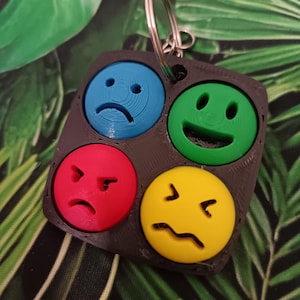 May include: A keyring with four emoji faces: a blue sad face, a green happy face, a red angry face, and a yellow worried face. The faces are set in a dark grey rectangular frame with a silver key ring.