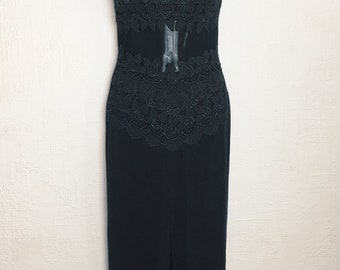 Vintage black lace evening maxi dress uk 10