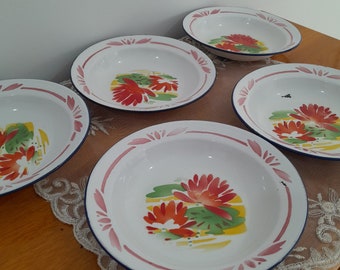 Lot de 5 assiettes en émail vintage, décoration de cuisine de ferme,