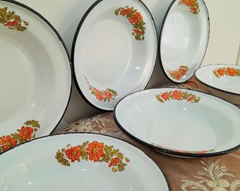 Vintage Enamelware Plates - Set of 6: Farmhouse Kitchen Decor,