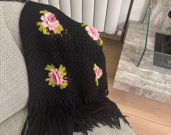 Vintage Crochet Fringe Shawl: Black Floral Knit Triangle Scarf