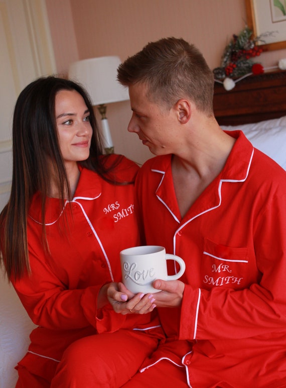 Valentine s Pajamas for Couples romantic Gift for Her him red Trim