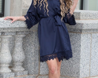 Navy blue bridal robe/ bridesmaid gift/ bridal party robe / navy kids robes/ lace satin robe/ wedding robes for bridesmaids/plus size outfit