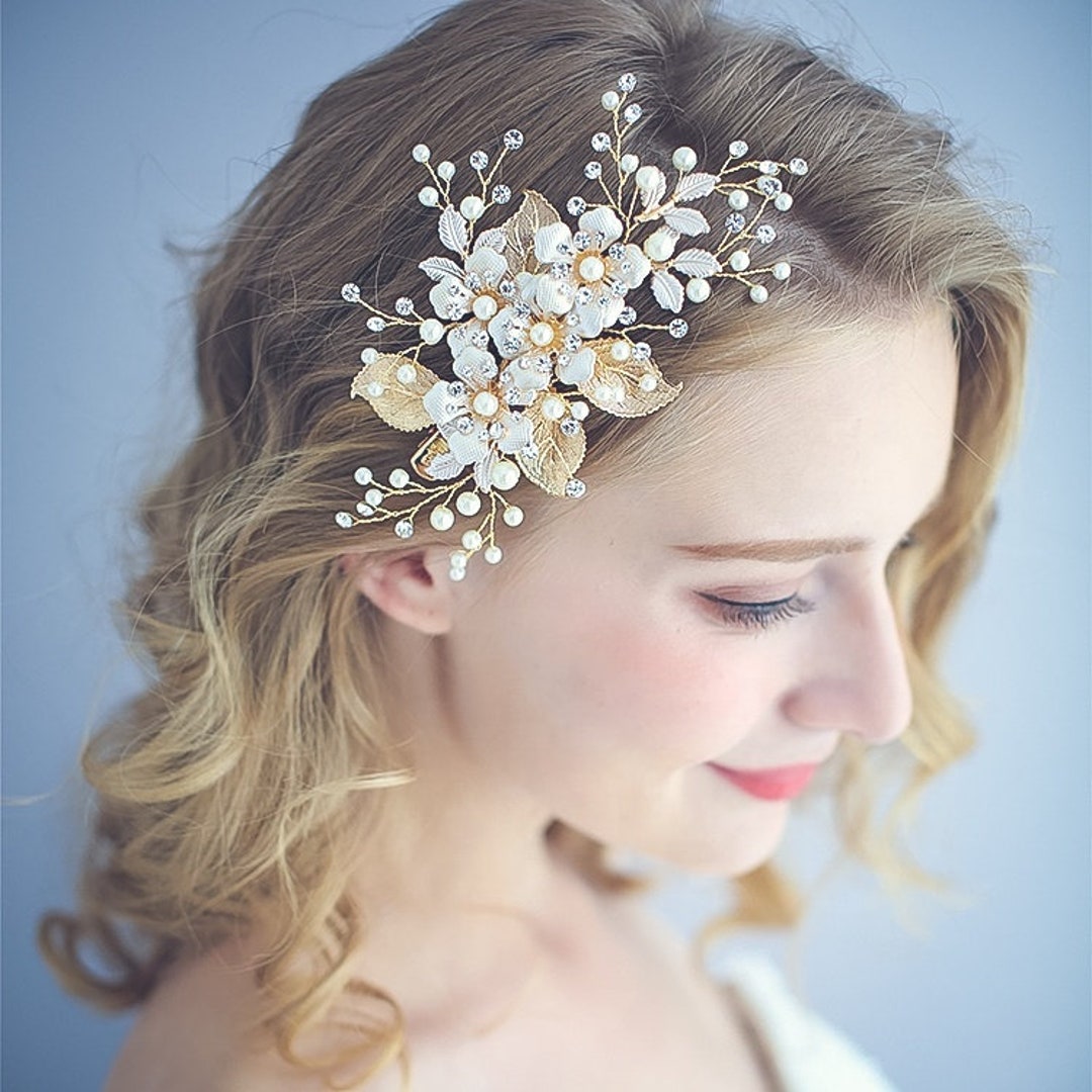 Pearl Bridal Hair Accessories Headwear Handmade Gold Leaf Crystal