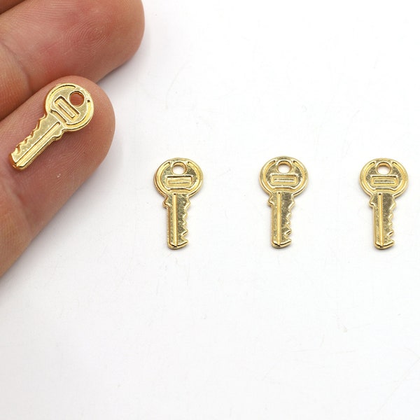 Gold Key Charm • 18x8mm • Mini Key Charm Pendant, Gold Plated Key Jewelry Charm