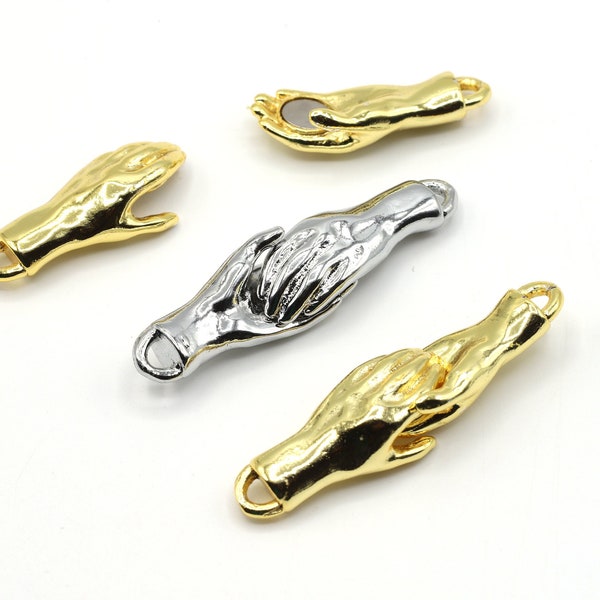 24k Gold Plated Magnetic Hands Charms 12x46mm, Gold Magnetic Clasp, Rhodium Hand Pendant