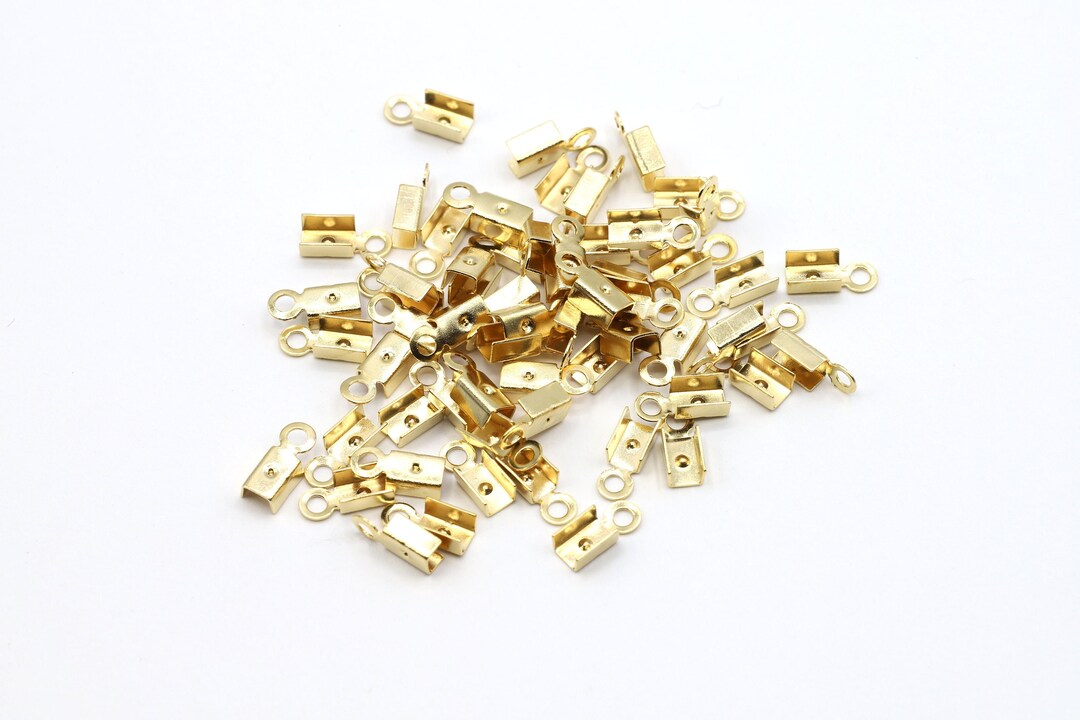 25 Pc 24k Gold Cord Crimps, 4x9mm Fold Over Cord End Tips, Straight