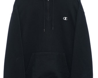 Vintage Champion Embroidered Logo Pullover Quarter Zip Black Hoodie - Large