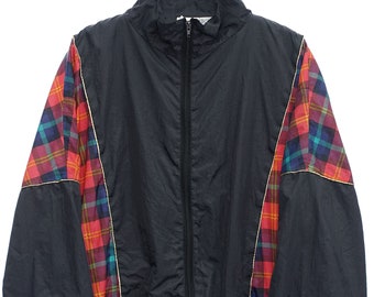 Vintage Pro Tartan Pattern Black Full Zip Windbreaker Jacket - XX Large