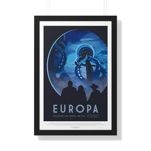 Fantasy Europa Travel Poster, Framed Vertical Poster, Solar System NASA Art Print, Jupiter&#39;s Satellite Wall Decor, Space Lover Gift