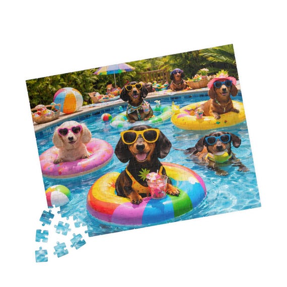 Dachshund Pool Party Jigsaw Puzzle 110-520 Piece Dogs Summer Scene Gift