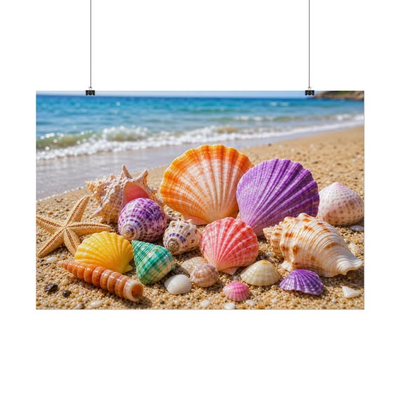 Colorful Seashell Beach Poster - Coastal Wall Art, Rolled Print for Home Decor