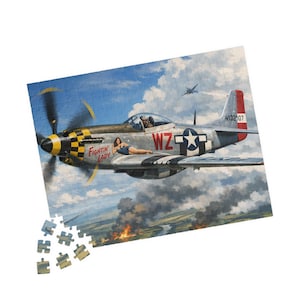 May include: A jigsaw puzzle depicting a vintage warplane in flight. The silver aircraft has a black and yellow chequered nose and the words "Fightin' Lady" painted on the side. A pin-up girl is painted on the side of the plane. The puzzle is partially assembled.