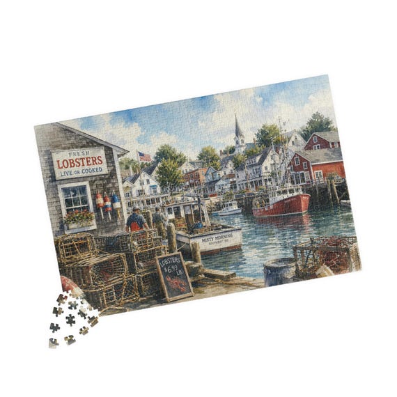 Coastal Lobster Harbor 1014-Piece Jigsaw Puzzle - Nautical Ocean Beach House Decor Gift for Adults