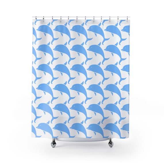 Blue Dolphin Print Shower Curtain, Ocean Theme Bathroom Decor, Beach House Coastal Home, White Fabric, Nautical Sea Creature Bath, Tropical