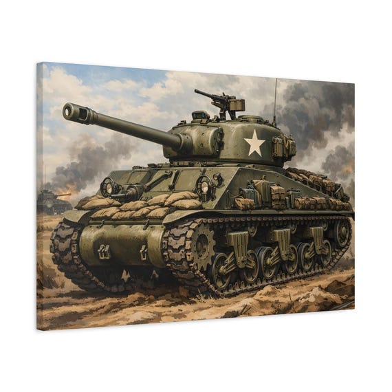 WWII M4 Sherman Tank Illustration Canvas Print | 30" x 20" Wall Decor