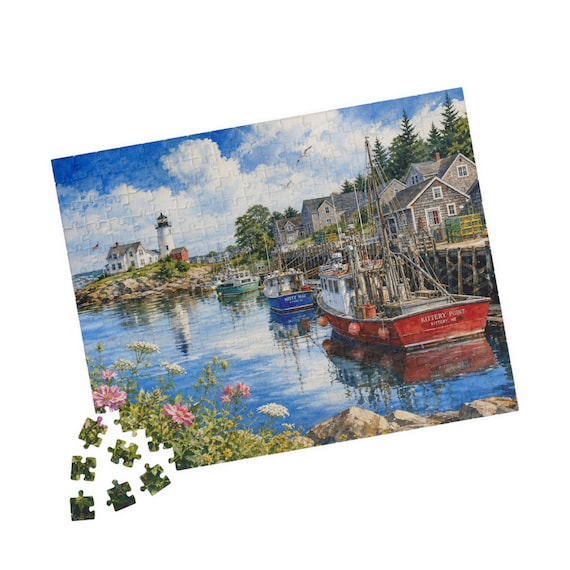 Coastal Harbor Fishing Boats Jigsaw Puzzle – Lighthouse Seaside Art (110-520 Pieces)