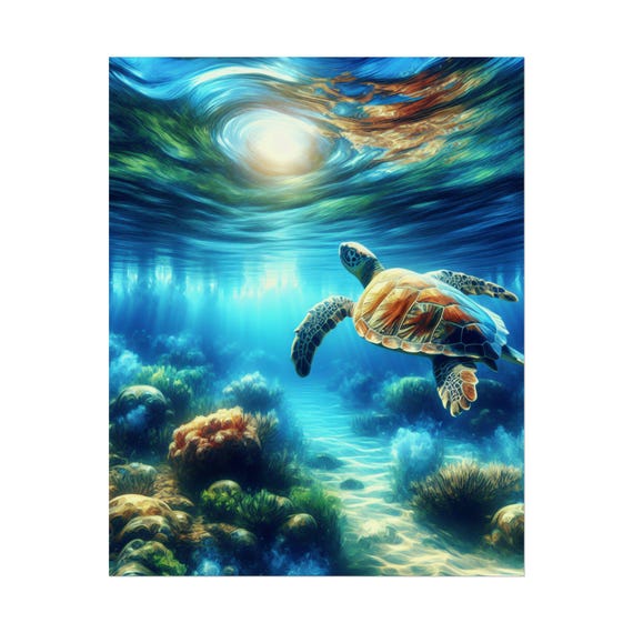 鮮やかな水中カメのウォールアート：海洋愛好家のための海洋生物