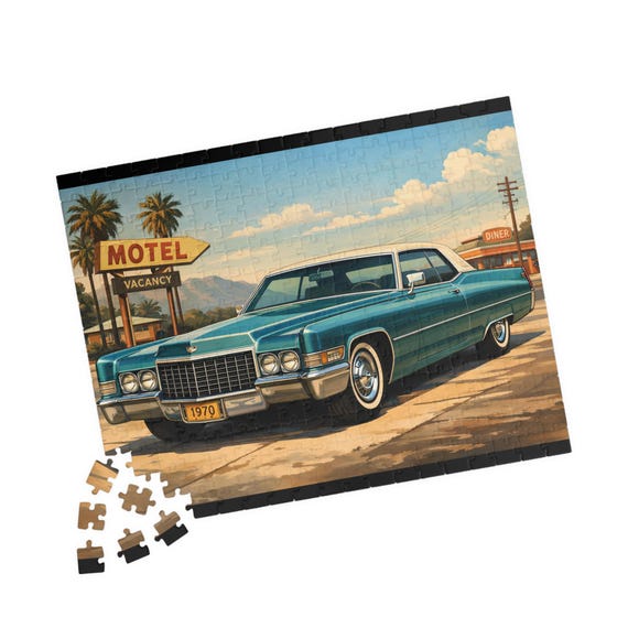 Vintage 1970 Cadillac Car Puzzle 110-520 Piece Retro Motel Roadside Scene Classic Automotive Gift