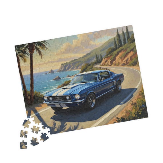 Blue Classic 1968 Ford Mustang on Coastal Road Puzzle, 110-520 pieces