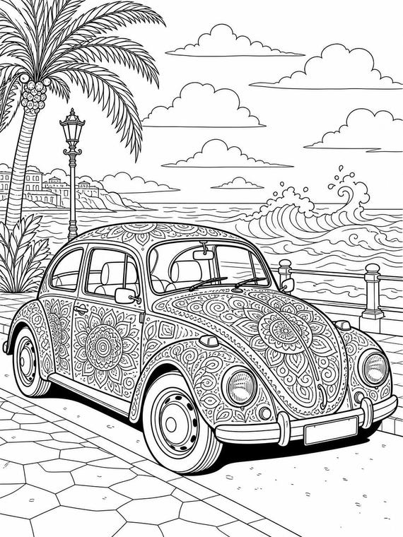 VW Beetle Beach Coloring Page - Classic Car Coastal Scene Printable PDF, Instant Download 8.5x11