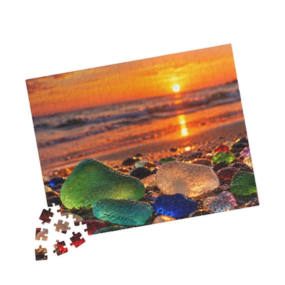 Sea Glass Beach Sunset Puzzle – Coastal Art, 110-520 Pieces (Chipboard)