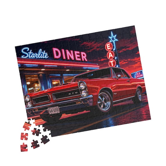 Vintage Red Pontiac GTO Muscle Car Diner Scene Puzzle | 110-520 Piece Jigsaw