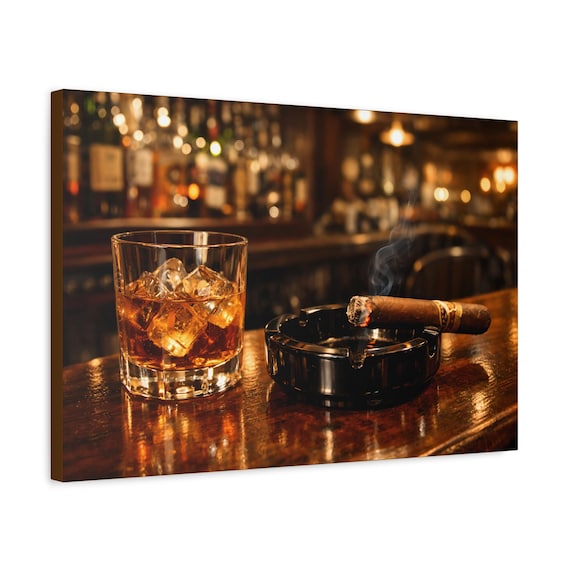 Bourbon Cigar Matte Canvas Wall Art | Bar Decor | Man Cave Whiskey Print | Lounge Artwork