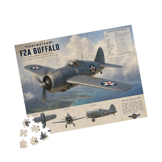 Brewster F2A Buffalo Aircraft Illustration Puzzle | Vintage WWII Plane Jigsaw