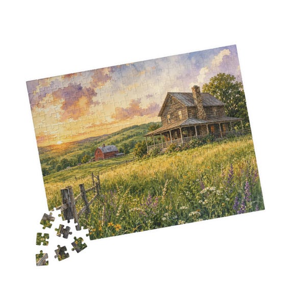 Country Farmhouse Sunset Jigsaw Puzzle - Scenic Landscape Art for Family Fun & Relaxation