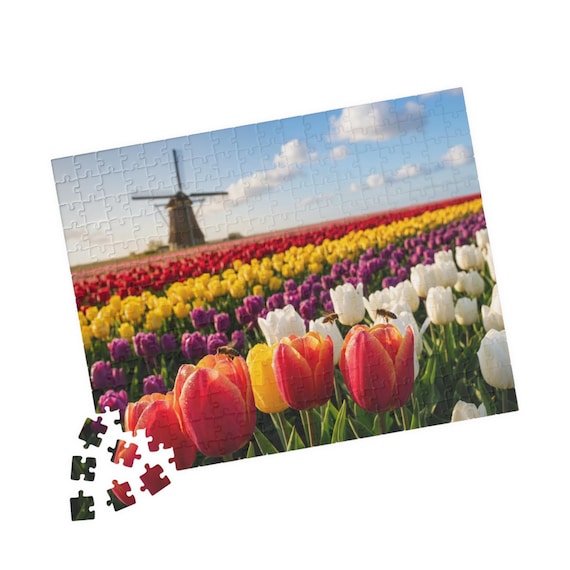 Colorful Tulip Field Puzzle 110/252/520 Piece | Dutch Windmill Spring Jigsaw