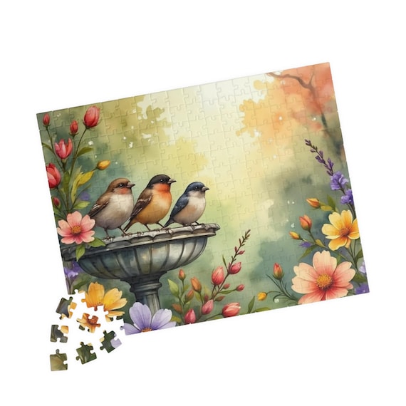 Songbirds on Birdbath Puzzle 110, 252, or 520 Piece | Floral Nature Jigsaw