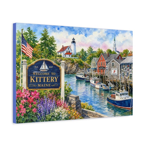 Kittery Maine Harbor Watercolor Canvas Print – Coastal Nautical Beach House Wall Art