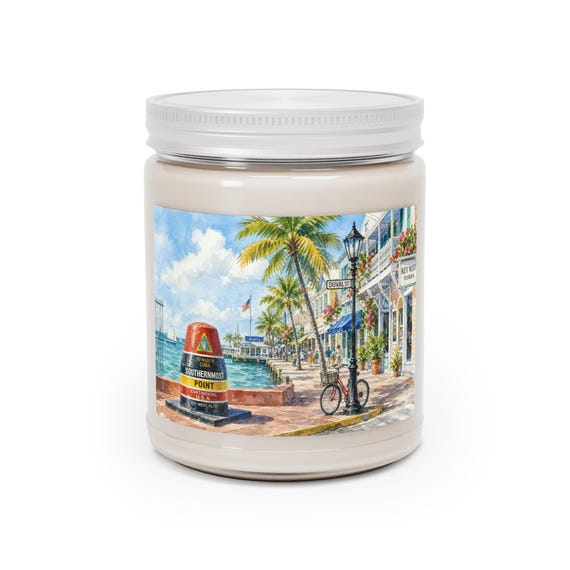 Key West Waterfront Scene Soy Candle - 9oz Coastal Beach Decor Candle with White Lid
