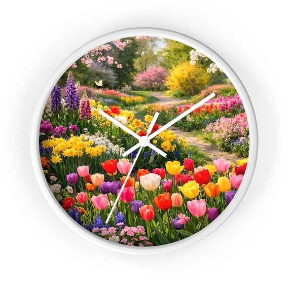 Colorful Tulip Garden Wall Clock Spring Flower Landscape Botanical Home Decor Floral Art Timepiece